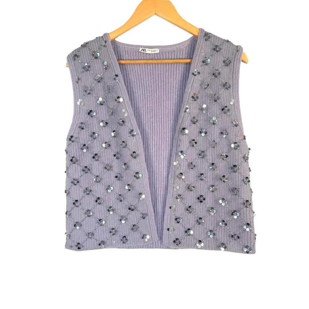 Zara Lavender Floral Sequin Beaded Knit Sweater Vest Open Front Medium Festival